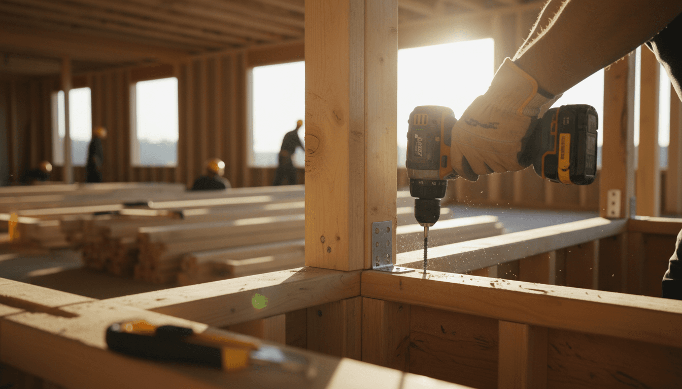 Skilled craftsperson using a power drill on wooden framing at a construction site