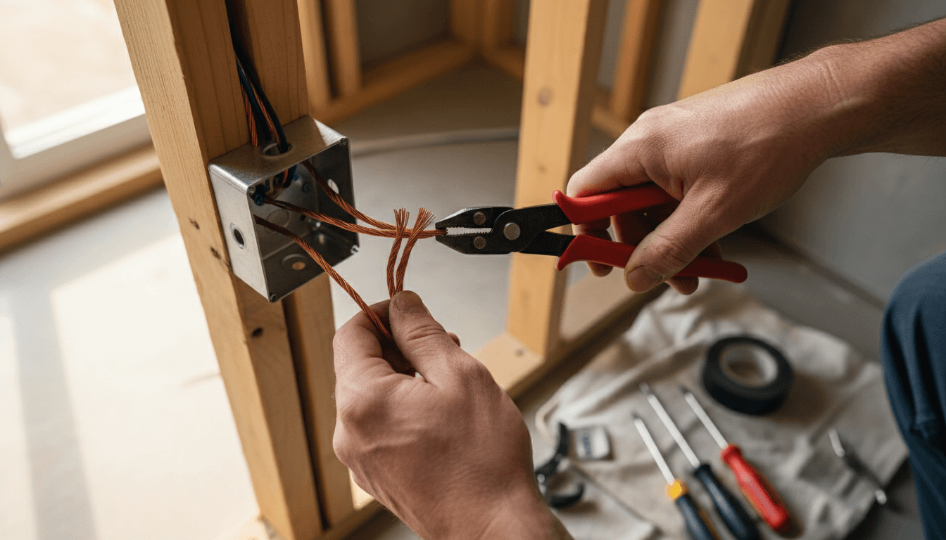 Close-up of professional electrical installation work in progress