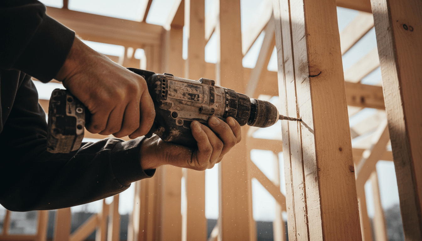 Skilled tradesperson using power drill on construction framing